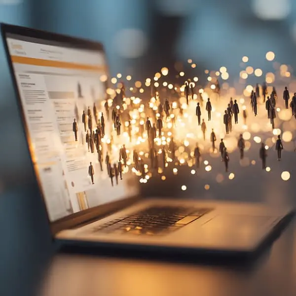 Illustration symbolique du SEO pour un site carrière : un ordinateur affichant une page carrière attire des silhouettes lumineuses représentant des candidats qualifiés