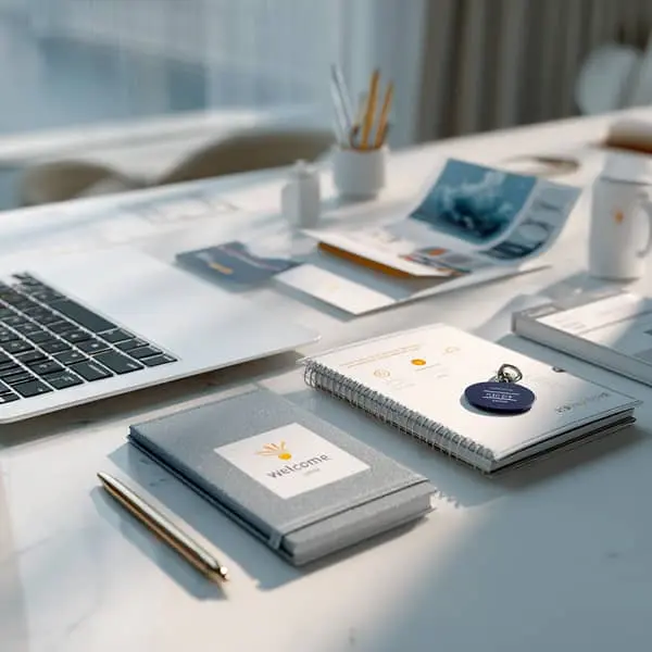 Kit d’onboarding posé sur un bureau moderne, avec ordinateur portable, carnet, badge et supports de bienvenue, illustrant une stratégie de recrutement et d’intégration réussie.