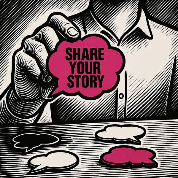 une main qui tend une bulle de dialogue qui indique "share your story"