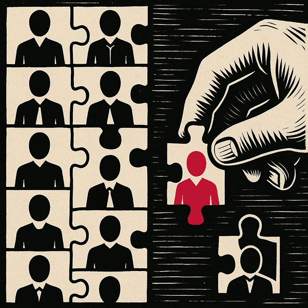 Illustration en style linogravure montrant des pièces de puzzle représentant des silhouettes anonymes en noir, avec une main plaçant une pièce contenant une silhouette rouge, symbolisant la sélection ou le recrutement.