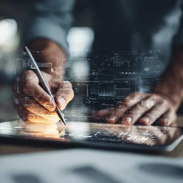 Illustration symbolique de l’IA devenue standard des pratiques RH : une main humaine écrit tandis qu’une interface digitale d’intelligence artificielle structure et accompagne la décision