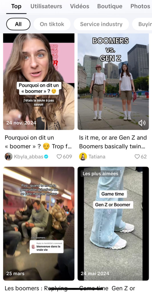 capture d'écran de tiktok parlant de la différences de générations : boomers vs Gen Z