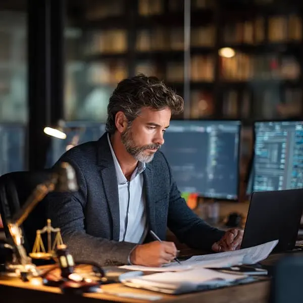 veille juridique RH professionnel analysant documents légaux et réglementaires sur ordinateur bureau