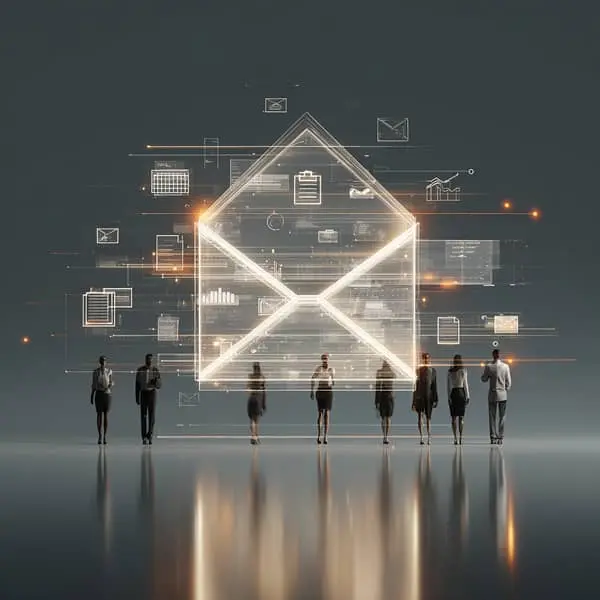 Enveloppe d’email lumineuse symbolisant la communication RH, reliant les collaborateurs dans un environnement professionnel futuriste