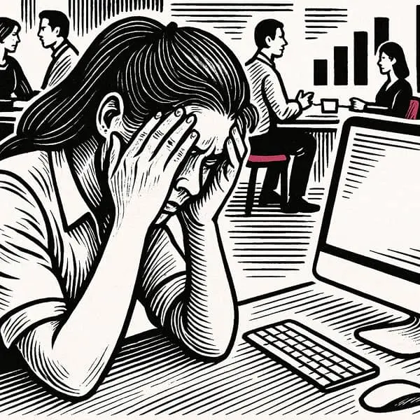 femme avec la tête entre les mains au bureau