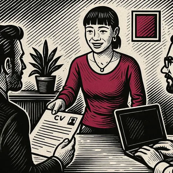 Bureau avec candidate qui tend son CV à un recruteur.