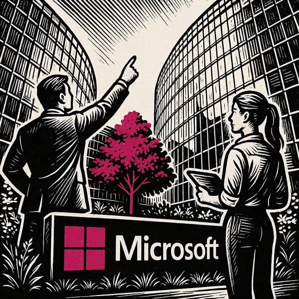 salariés qui montrent le bâtiment Microsoft du doigt