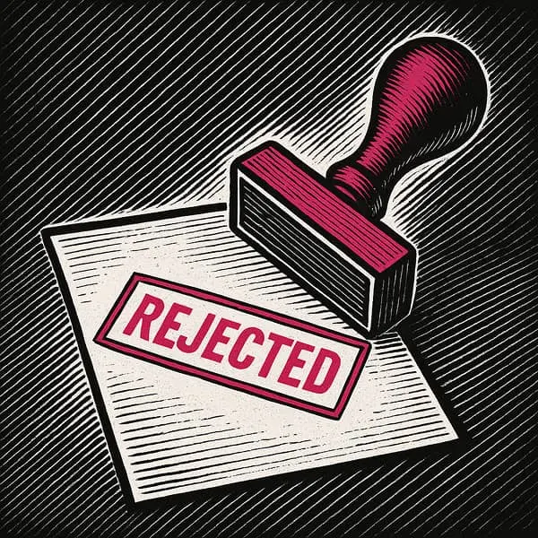 tampon posé sur une feuille sur laquelle est inscrit en gros "rejected"