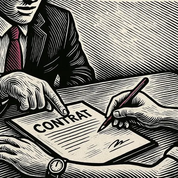 un homme signe un contrat, l'autre le point du doigt.