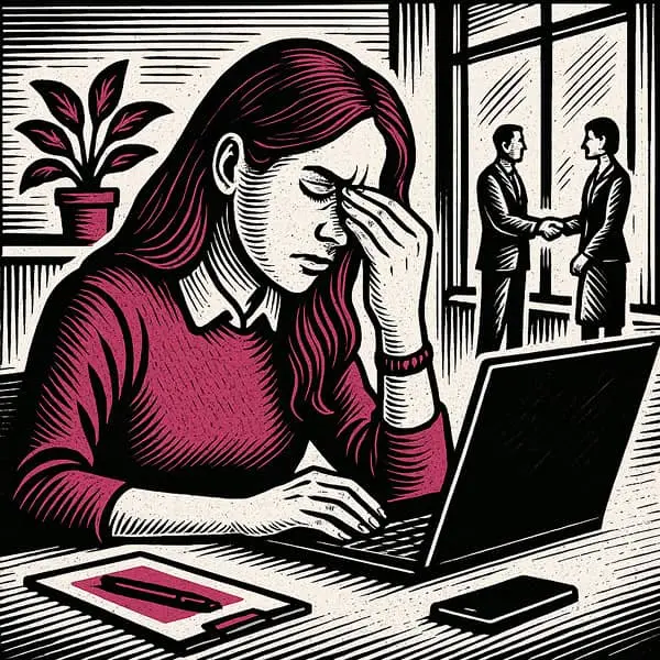 femme qui semble ressentir des douleurs à son bureau