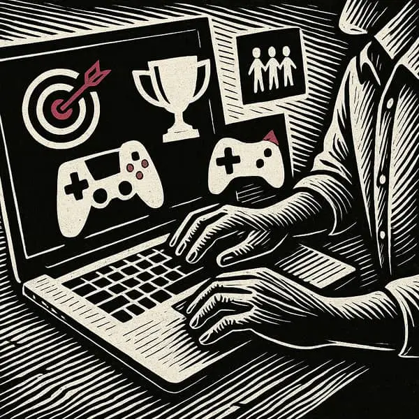 homme qui tapote sur son clavier d'ordinateur. Des pictos représentant le jeu s'affiche sur son écran.