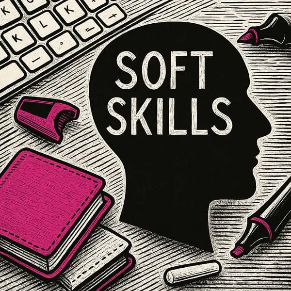 clavier d'ordinateur, carnets, et forme de tête humaine sur laquelle est écrit "soft skills"