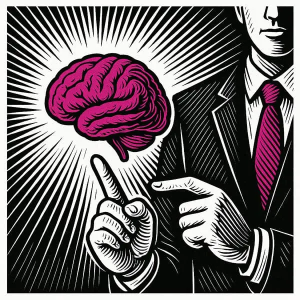 homme en costume qui pointe du doigt un cerveau