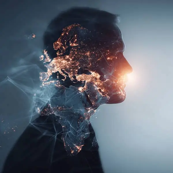 Double exposition d’un profil humain et d’une carte du monde illuminée, symbolisant la connexion mondiale, le leadership et la vision internationale.