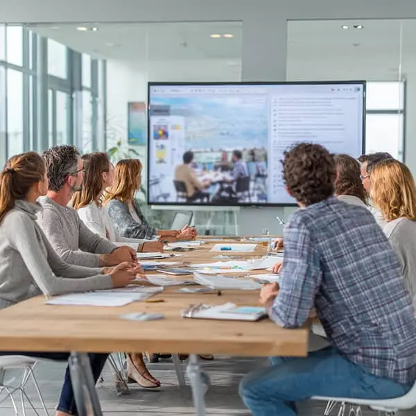 Équipe de professionnels RH réunie autour d’une table de réunion, regardant une présentation projetée sur un grand écran dans un bureau moderne.