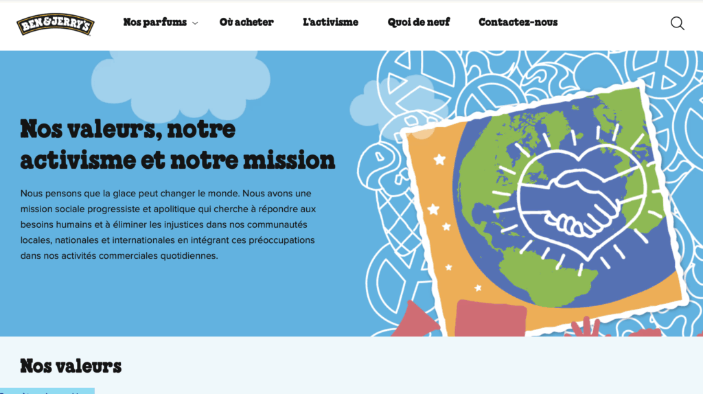capture d'écran de la page "activisme" de Ben&Jerry's