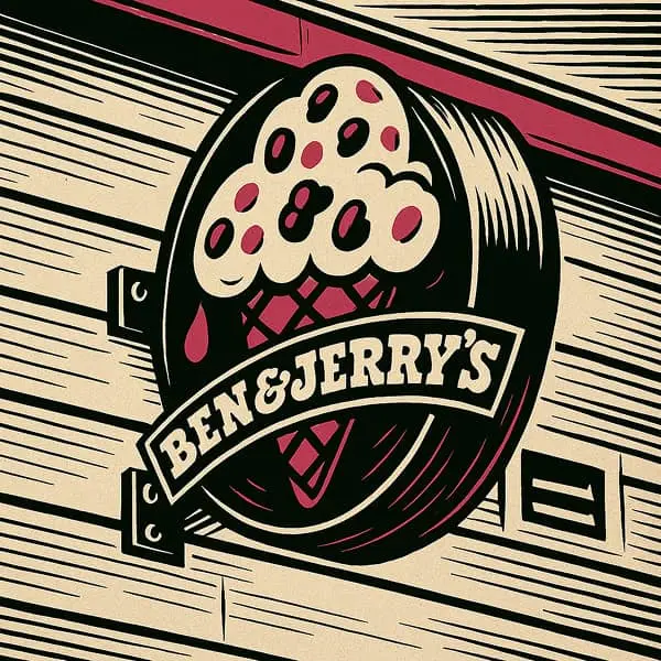 Illustration style linogravure du logo Ben & Jerry's en enseigne, cône de glace avec détails en noir, blanc et magenta.