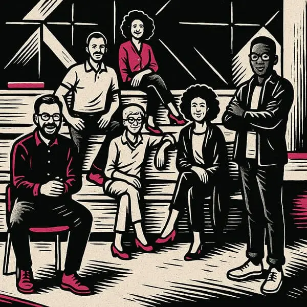 Illustration style linogravure : six personnes posent sur des gradins dans un intérieur géométrique, en noir et blanc avec petites touches magenta, sans texte.
