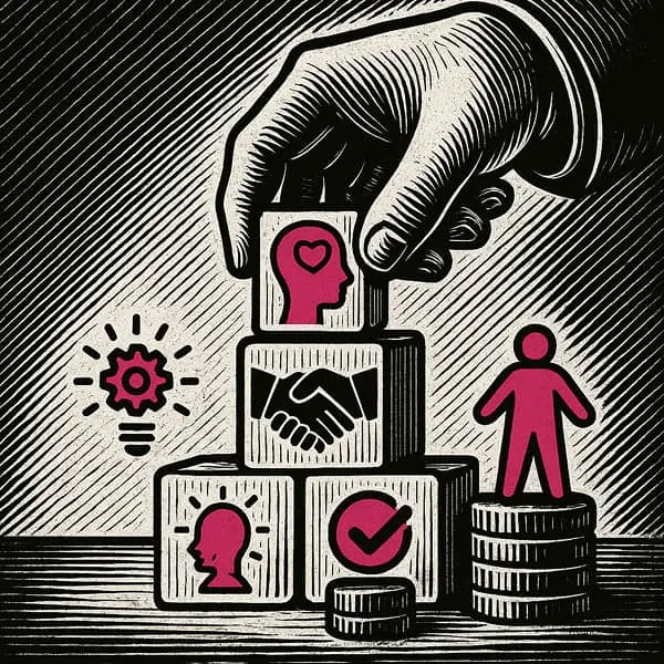 main qui empile des cubes avec des pictos représentant les skills