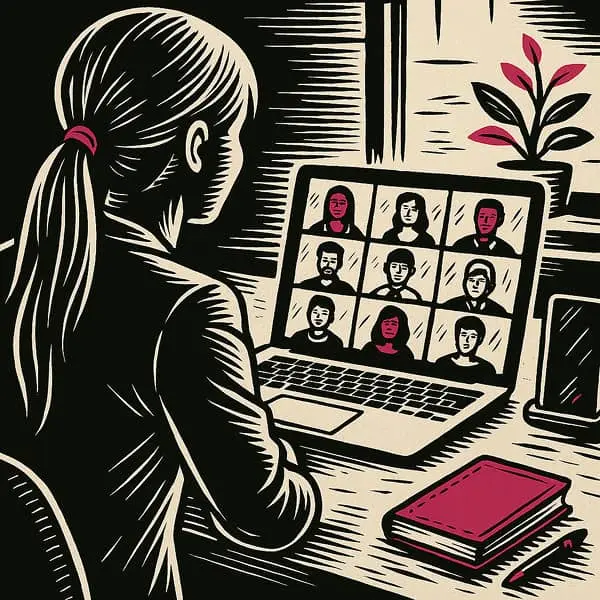 Illustration en style gravure d’une femme en visioconférence sur ordinateur portable, avec carnet et plante sur le bureau, en noir et blanc avec touches de magenta.