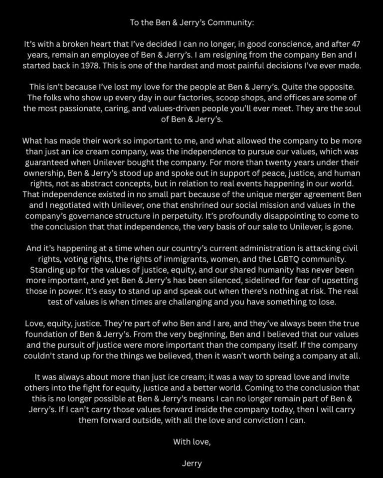 capture d'écran de la lettre de Ben Cohen publiée sur X au nom de Jerry Greenfield, cofondateur de Ben&Jerry's