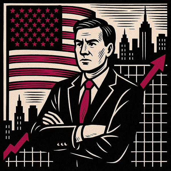 Illustration en style linogravure d’un homme en costume, bras croisés, devant un drapeau américain, une skyline urbaine et un graphique à flèche montante. Couleurs noir, blanc et magenta.