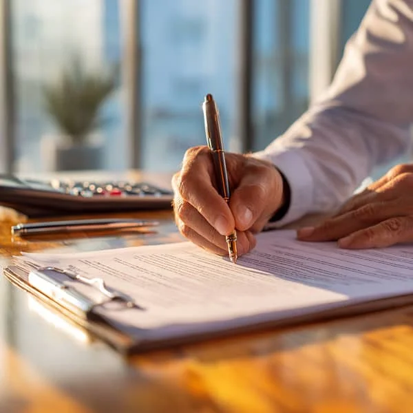 Main d’un homme signant un contrat posé sur un bureau en bois, illustrant la validation d’un accord professionnel ou d’un emploi.