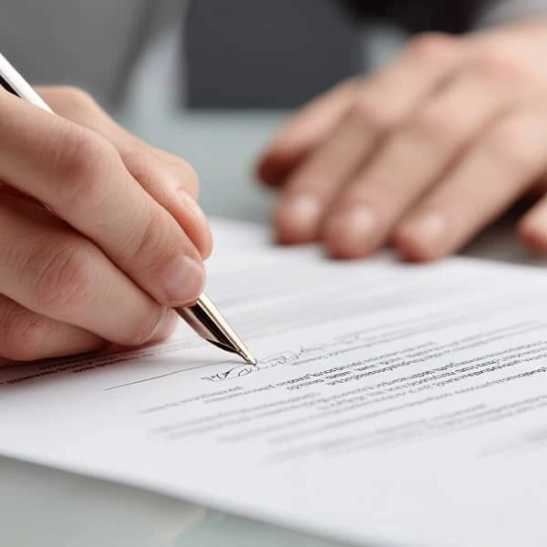 Main signant un document officiel avec un stylo, symbolisant la signature d’un contrat de travail ou d’un accord professionnel.