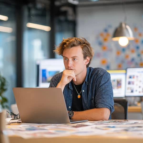Jeune homme concentré travaillant sur un ordinateur portable dans un bureau moderne, illustrant la réflexion ou l’analyse de données.