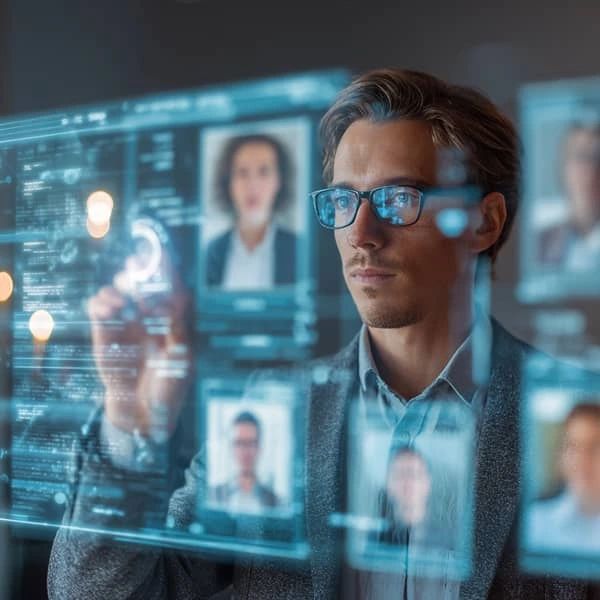 Recruteur utilisant une interface numérique transparente pour consulter des profils de candidats, symbolisant le recrutement digital et l’intelligence artificielle.