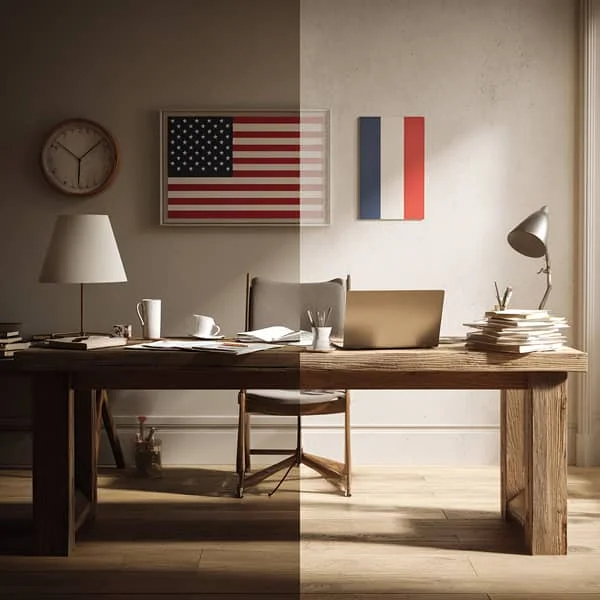 Bureau partagé illustrant deux styles de travail, avec les drapeaux américain et français accrochés au mur, symbolisant les différences culturelles professionnelles.