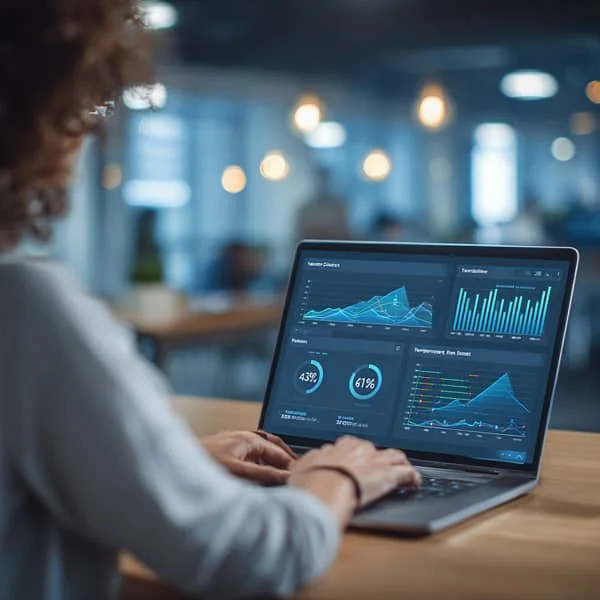 Professionnelle analysant des graphiques et des données statistiques sur un ordinateur portable, illustrant la gestion des performances ou l’analyse RH.