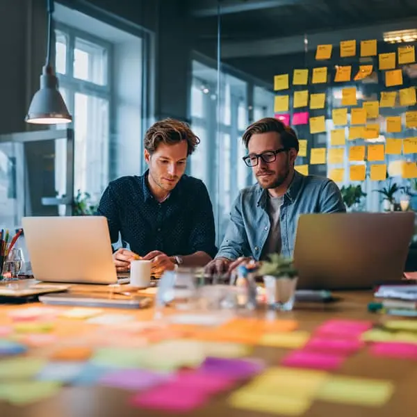 Deux professionnels travaillant ensemble sur des ordinateurs portables dans un bureau moderne, entourés de notes colorées sur la table et au mur.