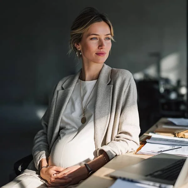 Femme enceinte vêtue d’une tenue professionnelle, assise à son bureau et regardant pensivement par la fenêtre dans un bureau moderne éclairé par la lumière naturelle.