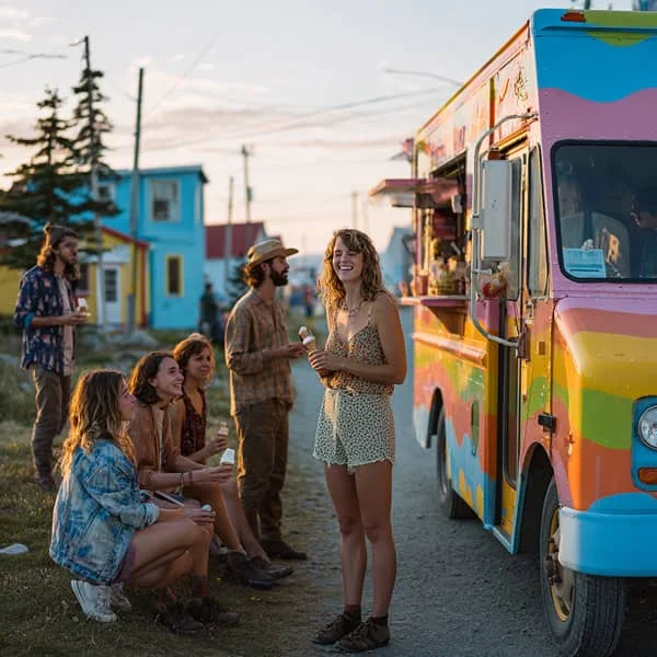 Groupe de jeunes profitant d’un moment convivial près d’un camion de glaces coloré au coucher du soleil, dans une ambiance estivale décontractée.