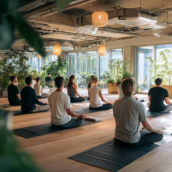 Groupe de personnes assises sur des tapis de yoga dans un espace lumineux et végétalisé, pratiquant la méditation en entreprise.
