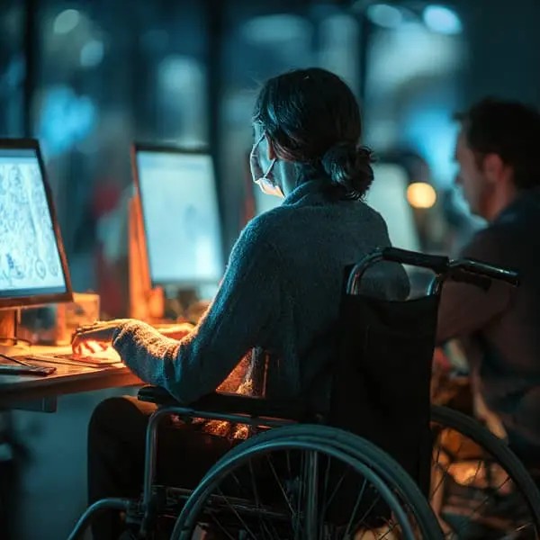 Une femme en fauteuil roulant portant un masque travaille sur un ordinateur dans un environnement de bureau faiblement éclairé.