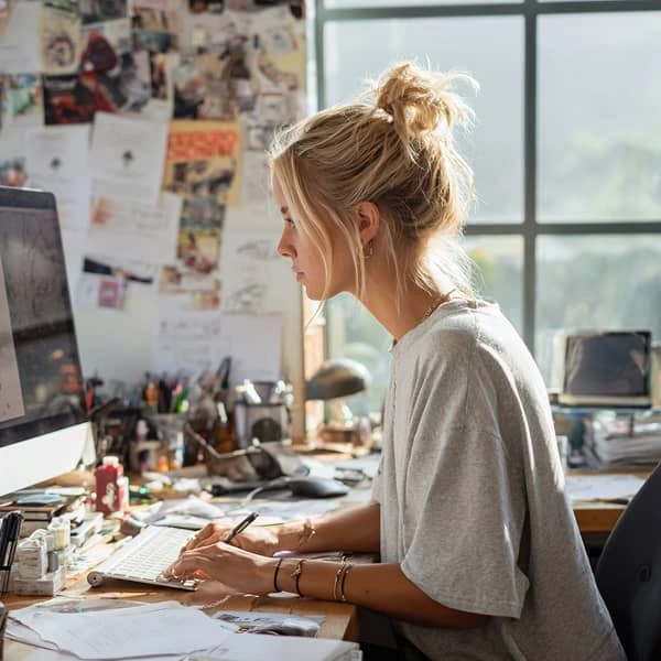 Jeune femme blonde travaillant sur un ordinateur de bureau dans un espace de travail lumineux et créatif.