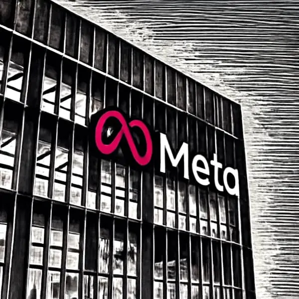 Illustration en style gravure sur bois en noir et blanc avec des accents magenta représentant le siège de Meta. Le logo infini en magenta est bien visible à côté du panneau 'Meta', avec les fenêtres verticales du bâtiment et un fond dynamique et texturé qui ajoute de la profondeur et du contraste.