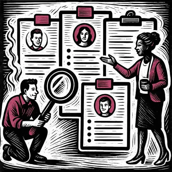 Illustration en style linogravure noir et blanc avec des touches de magenta, montrant deux personnes analysant des dossiers de candidature. L’une tient une loupe devant un CV, tandis que l’autre, debout avec une tasse, discute des profils affichés sur de grandes fiches suspendues.