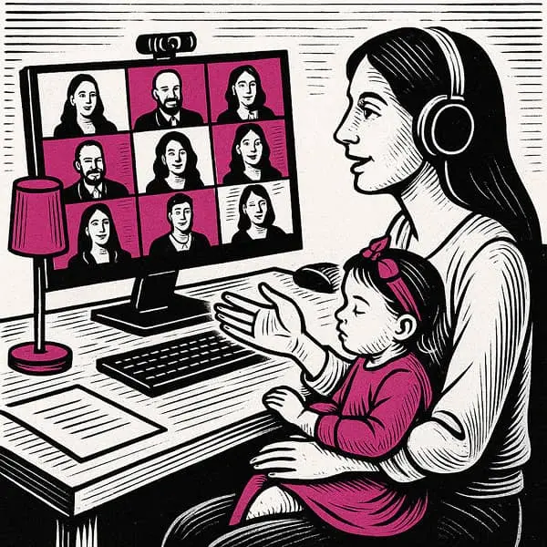 salariée en visio qui tient son bébé sur ses genoux