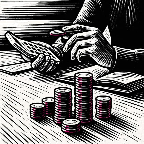 illustration-ia-paie.png" alt="Illustration en noir, blanc et magenta représentant un gestionnaire manipulant une calculatrice et des piles de pièces de monnaie.
