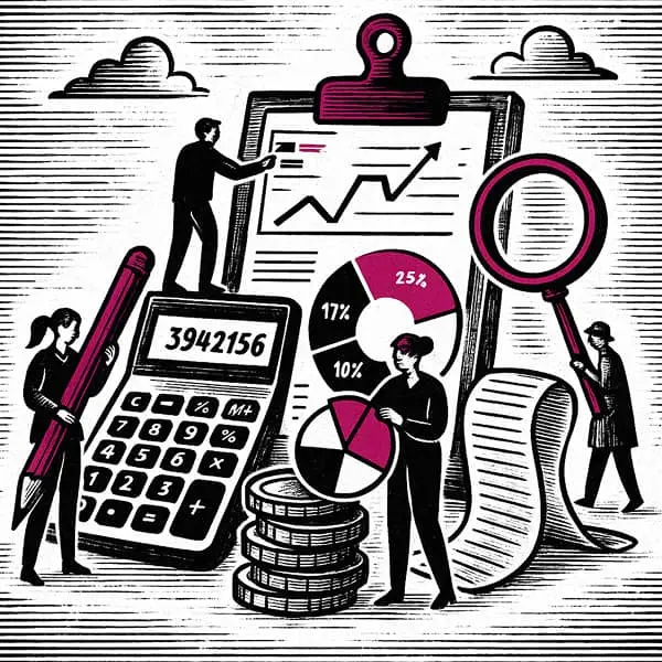 Illustration en noir et blanc, style linogravure, représentant une scène d’analyse financière. Quatre personnes interagissent avec des outils géants : une calculatrice, un graphique sur un tableau, une loupe et des pièces empilées. Des accents magenta (c51673) soulignent les éléments clés comme les graphiques et les détails des objets