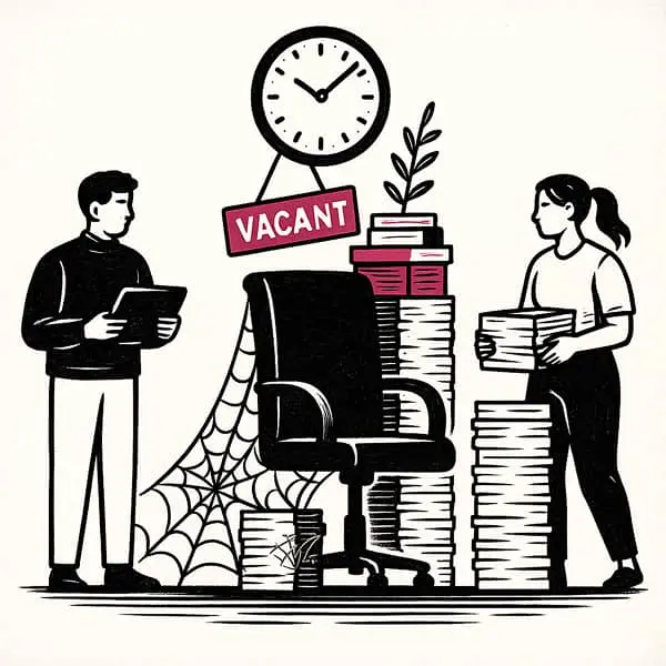 Illustration en noir et blanc avec des touches de magenta montrant un bureau vide : une grande chaise de travail étiquetée “VACANT”, entourée de piles de dossiers et de toiles d’araignée, observée par deux collègues, un homme avec une tablette et une femme portant des documents
