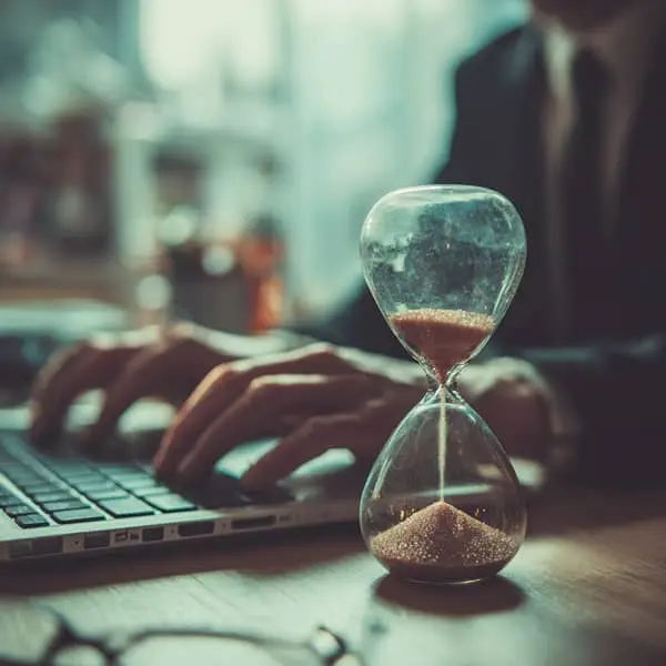Sablier posé sur un bureau devant une personne tapant sur un ordinateur portable, symbolisant la gestion du temps au travail.