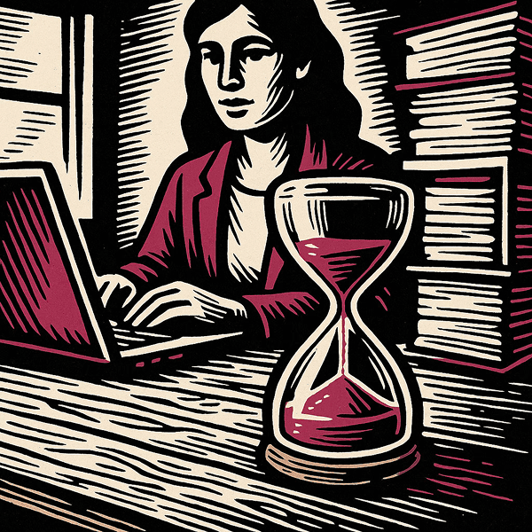 Illustration en style linogravure d’une femme travaillant sur un ordinateur portable, un sablier posé sur un bureau en bois et une pile de dossiers à côté. Les couleurs sont noir, blanc et magenta.