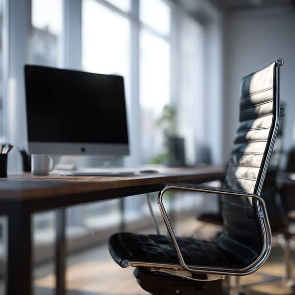 Chaise de bureau vide devant un ordinateur dans un espace de travail moderne et lumineux, symbolisant un poste vacant.