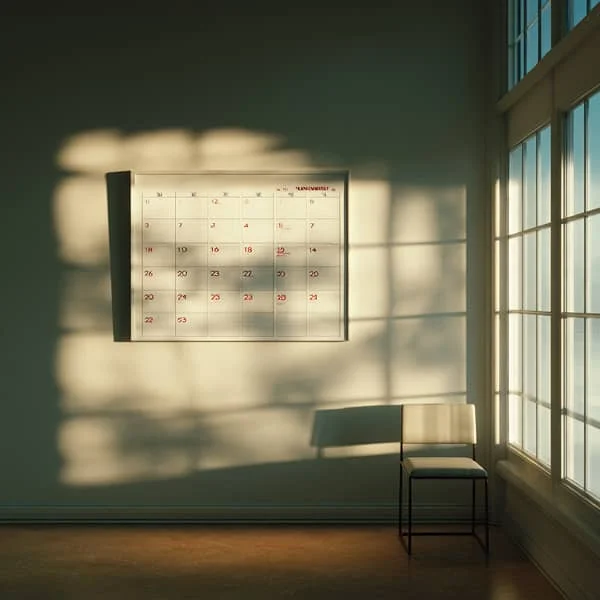 Calendrier mural accroché dans un bureau vide baigné de lumière naturelle, symbolisant la planification et la gestion du temps.