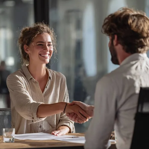 Recruteuse souriante serrant la main d’un candidat à la fin d’un entretien d’embauche dans un bureau lumineux.