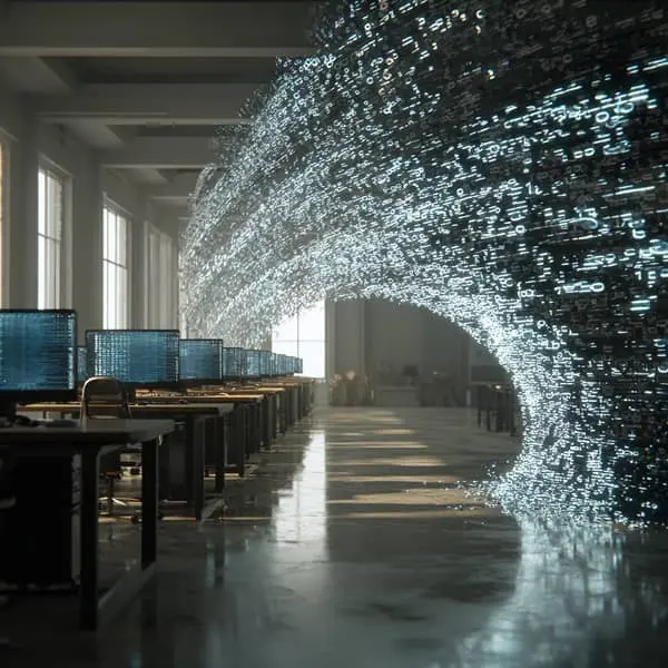 Vague numérique traversant un open space rempli d’ordinateurs, symbolisant l’impact massif de l’intelligence artificielle et de la transformation digitale sur le monde du travail.